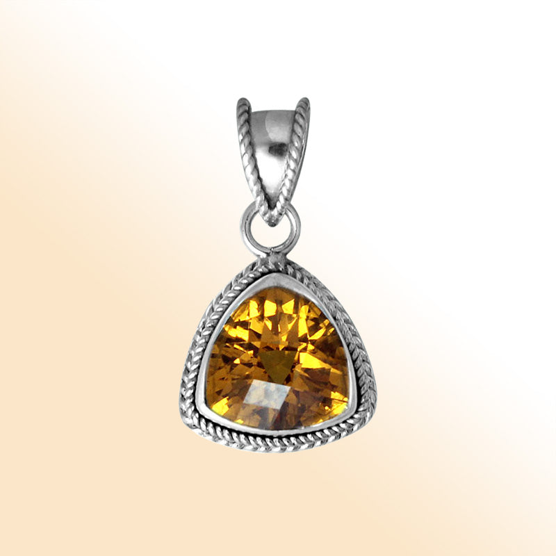 Handmade Sterling Silver Citrine Quartz Trillion Pendant with rope border from Bali