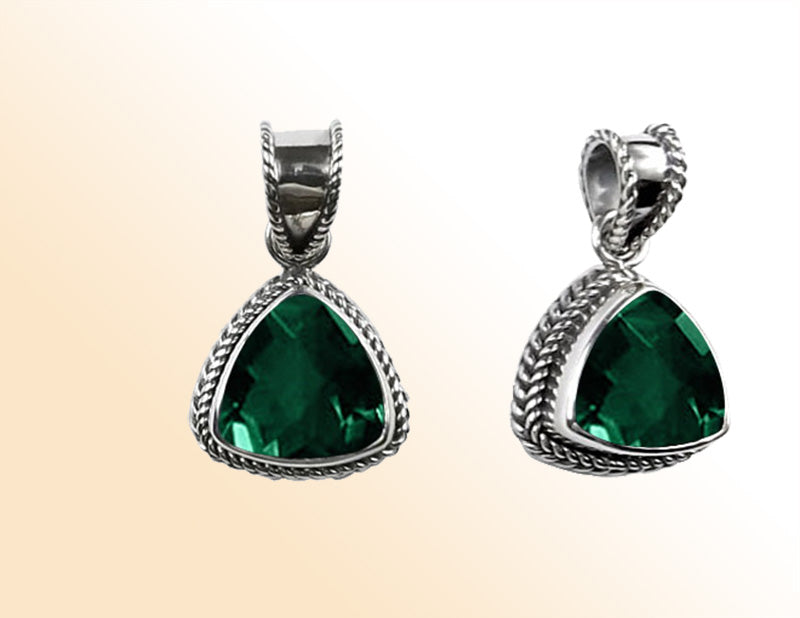Handmade Sterling Silver Green Quartz Trillion Pendant with rope bezel from Bali