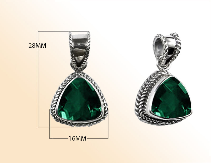 Handmade Sterling Silver Green Quartz Trillion Pendant with rope bezel from Bali