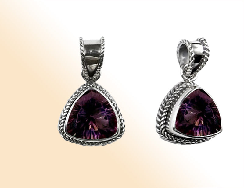 Handmade Sterling Silver Mystic Topaz Quartz Trillion Pendant with rainbow hues from Bali