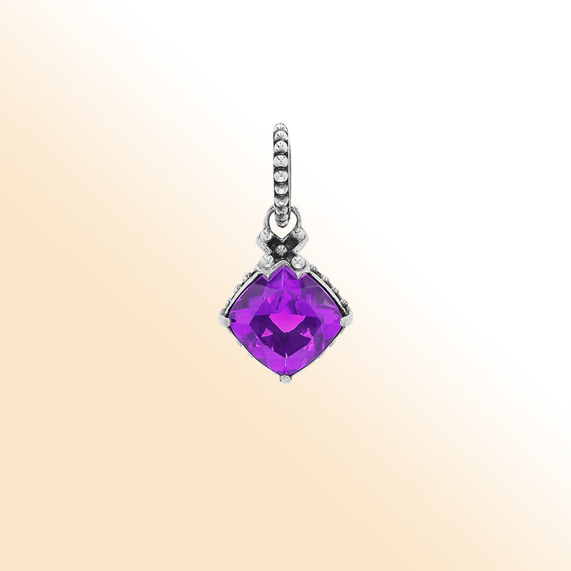 Handmade Sterling Silver Amethyst Quartz Cushion Pendant with beaded bail from Bali