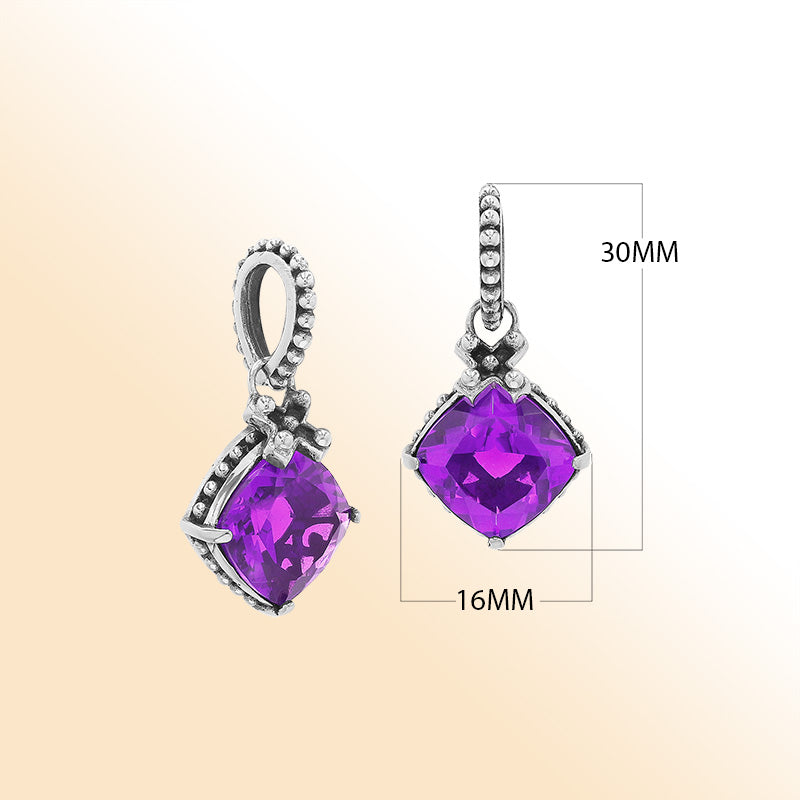 Handmade Sterling Silver Amethyst Quartz Cushion Pendant with beaded bail from Bali