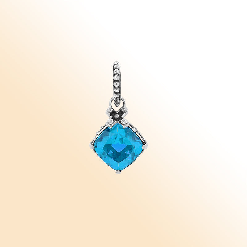 Handmade Sterling Silver Blue Topaz Quartz Cushion Pendant with beaded bail from Bali