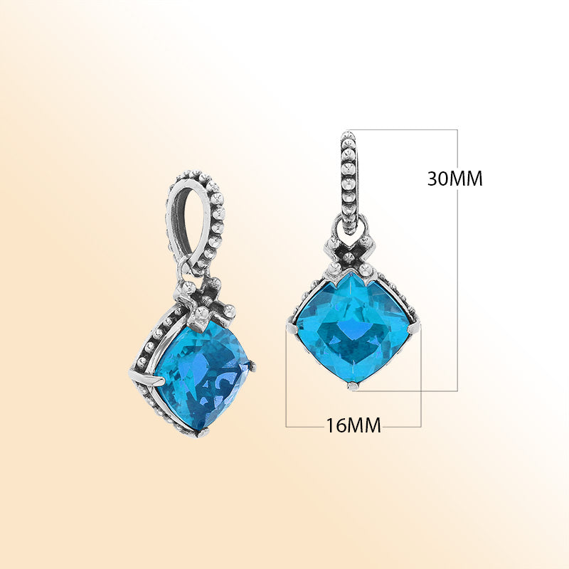 Handmade Sterling Silver Blue Topaz Quartz Cushion Pendant with beaded bail from Bali