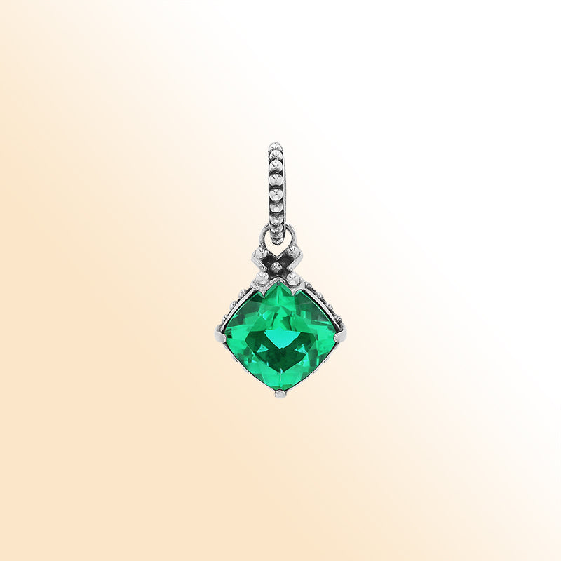 Handmade Sterling Silver Green Quartz Cushion Pendant with beaded bail from Bali