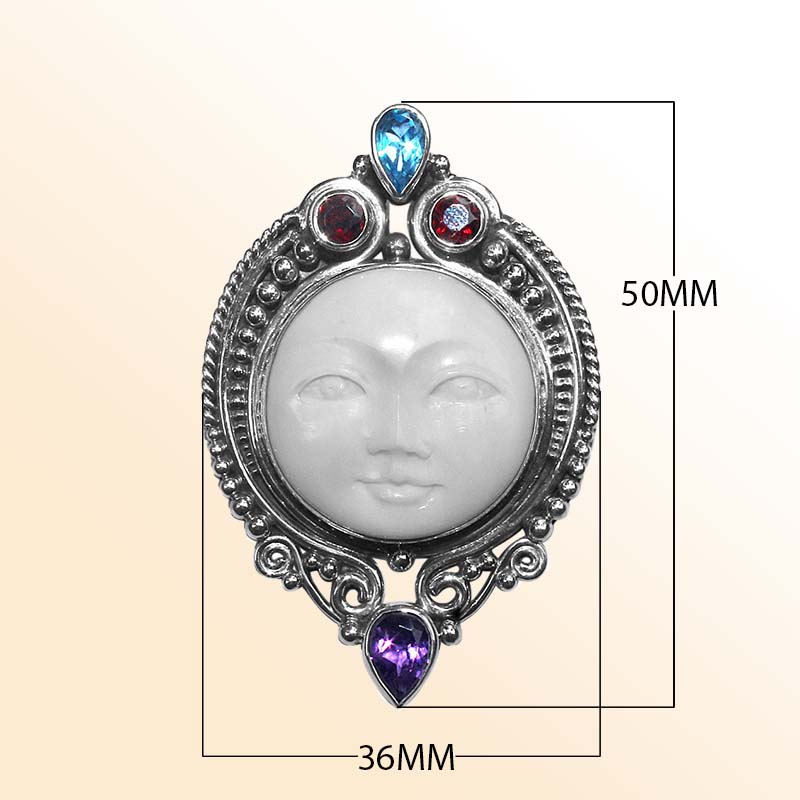 Handmade Sterling Silver Moon Face Pendant with Amethyst, Blue Topaz, and Garnet Quartz from Bali