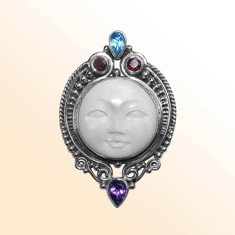 Handmade Sterling Silver Moon Face Pendant with Amethyst, Blue Topaz, and Garnet Quartz from Bali