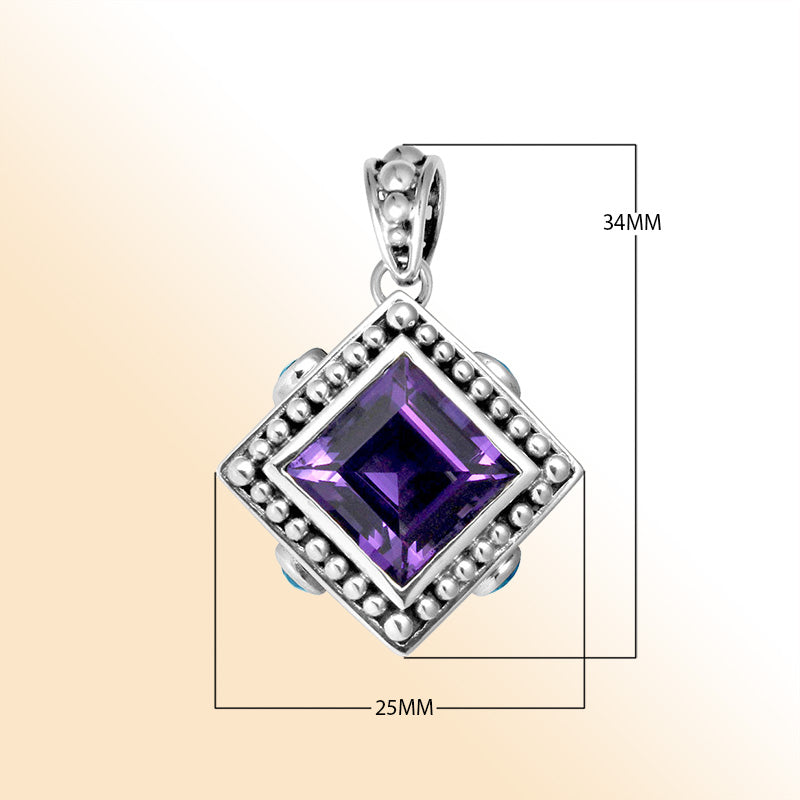 Sterling Silver Square Pendant With Amethyst Quartz Center, Blue Topaz Quartz Accents, And Balinese Beaded Detailing In An Elegant Artisan Design.