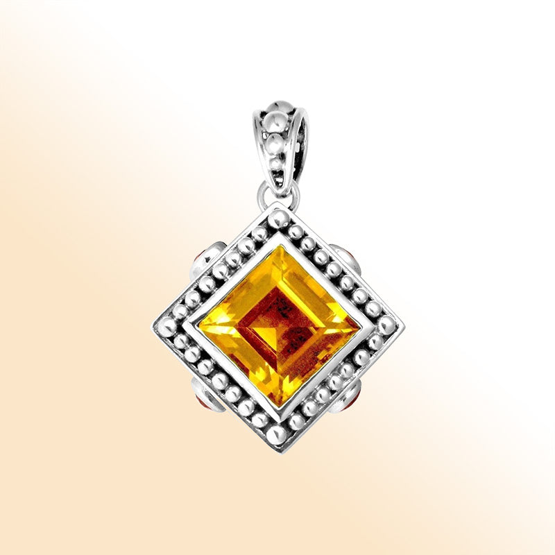 Handmade Sterling Silver Square Pendant with Citrine Quartz and Garnet Quartz from Bali