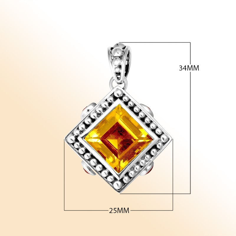 Handmade Sterling Silver Square Pendant with Citrine Quartz and Garnet Quartz from Bali