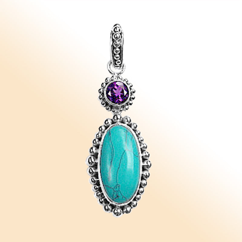 Handmade Sterling Silver Pendant with Turquoise Shell and Amethyst Quartz from Bali