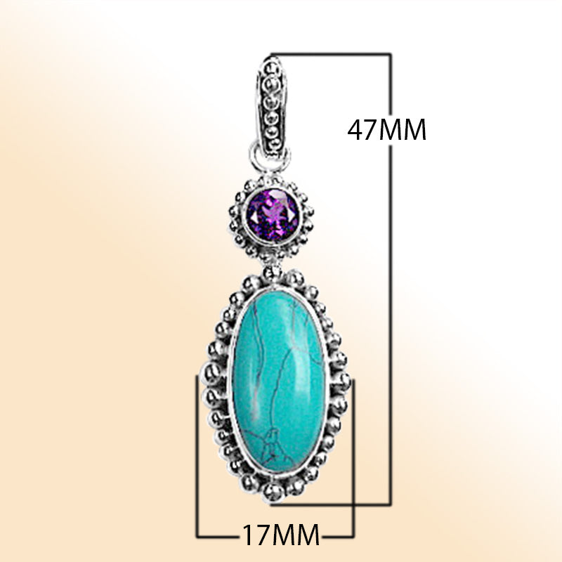 Handmade Sterling Silver Pendant with Turquoise Shell and Amethyst Quartz from Bali
