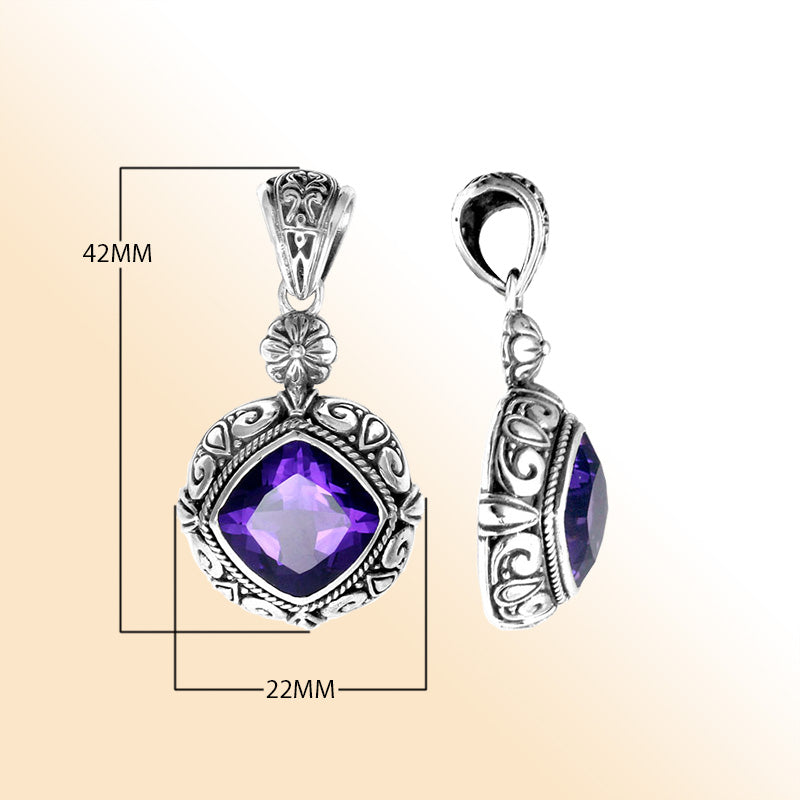 Handmade Sterling Silver Amethyst Quartz Cushion Pendant with ornate Balinese frame