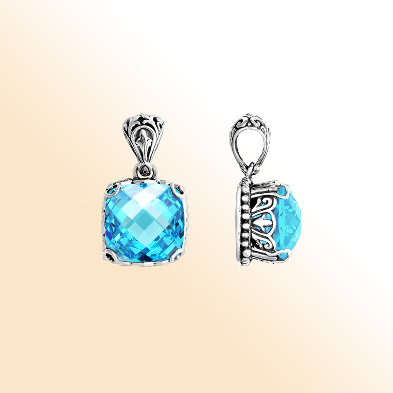 Sterling Silver Filigree Pendant with Checkerboard Blue Topaz Quartz – Balinese Artisan Design
