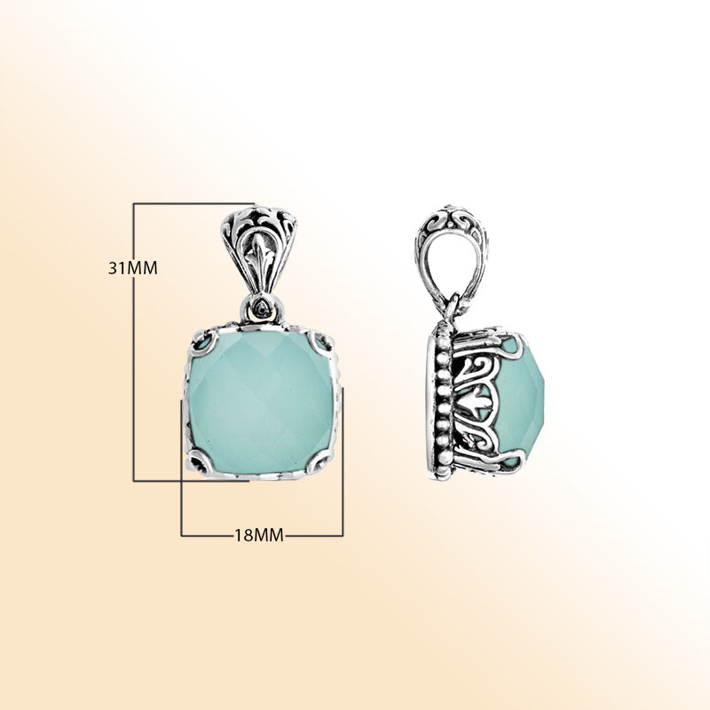 Elegant sterling silver pendant with cushion-cut green chalcedony quartz, Balinese handcrafted with scroll and bead carvings.