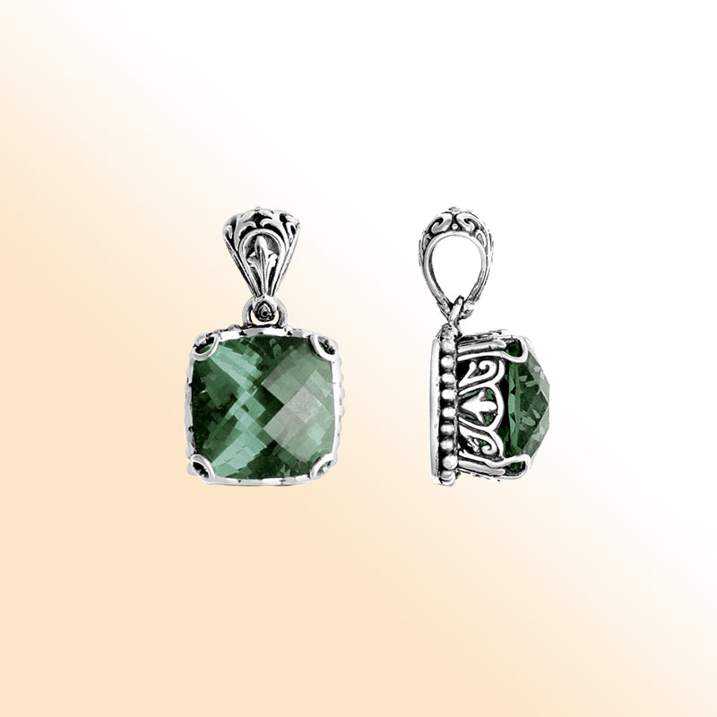 Sterling silver pendant with soft green cushion-cut amethyst quartz, Balinese handcrafted with scroll and beadwork.