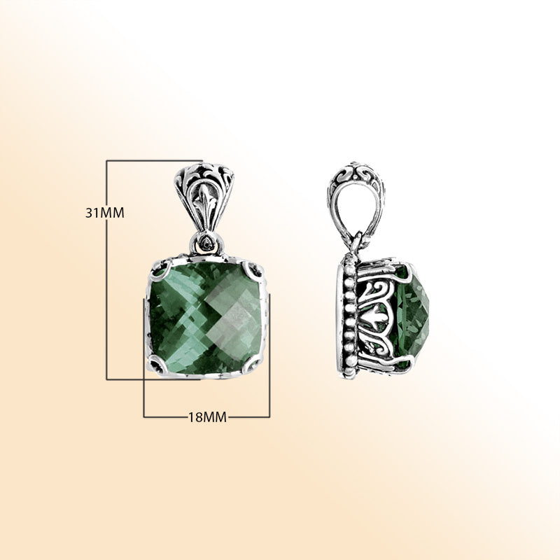 Sterling silver pendant with soft green cushion-cut amethyst quartz, Balinese handcrafted with scroll and beadwork.