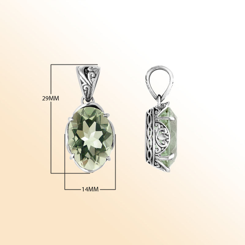 Sterling silver pendant with faceted oval green amethyst quartz, Balinese handcrafted with carved sides and oxidized detailing.