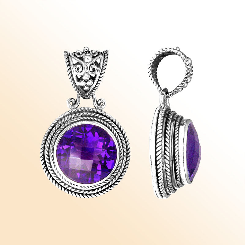 Sterling Silver Round Amethyst Quartz Pendant With Ornate Balinese Bail And Elegant Artisan Detailing For A Rich, Radiant Jewelry Look