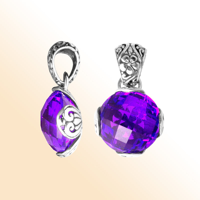Handmade sterling silver pendant with faceted Amethyst Quartz and Balinese floral detailing, artisan crafted in Bali.