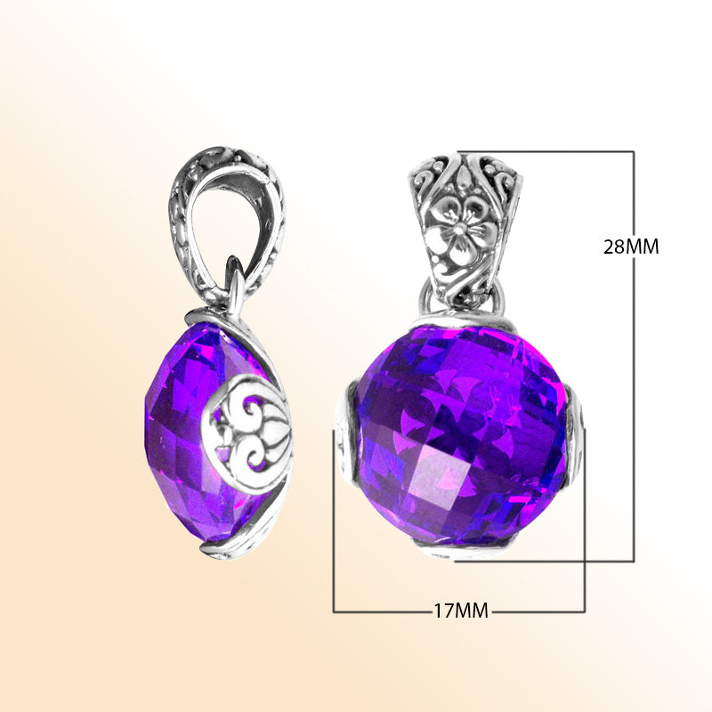Handmade sterling silver pendant with faceted Amethyst Quartz and Balinese floral detailing, artisan crafted in Bali.