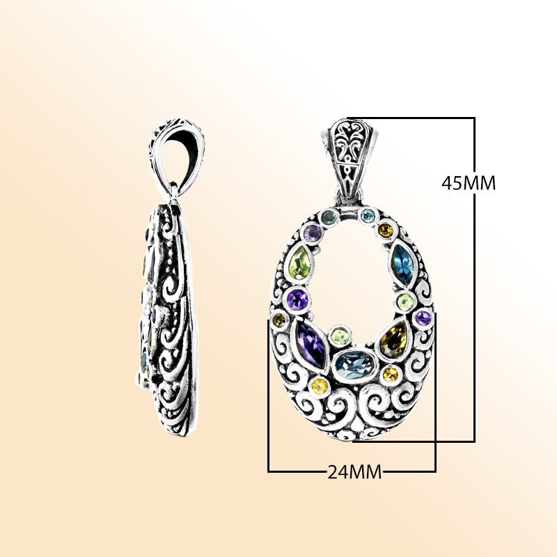 Handmade sterling silver oval pendant with Amethyst Quartz, Blue Topaz Quartz, Peridot Quartz, and Citrine Quartz in Balinese scroll design, artisan crafted in Bali.