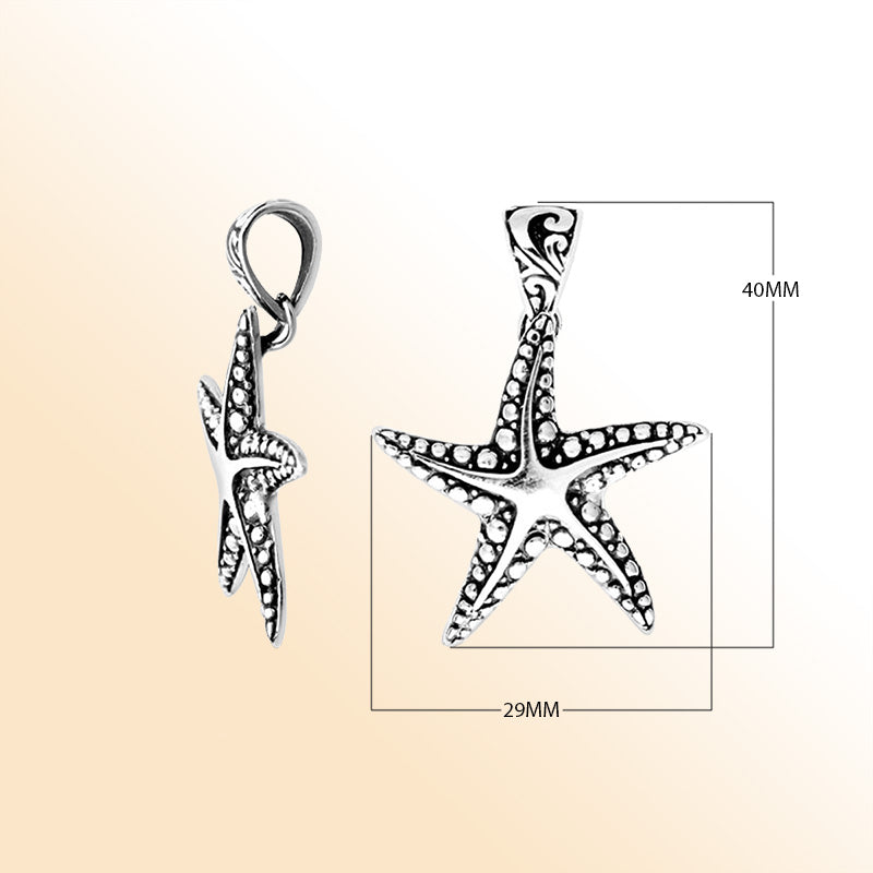 Handmade sterling silver starfish pendant with oxidized dotted detailing, artisan crafted in Bali.