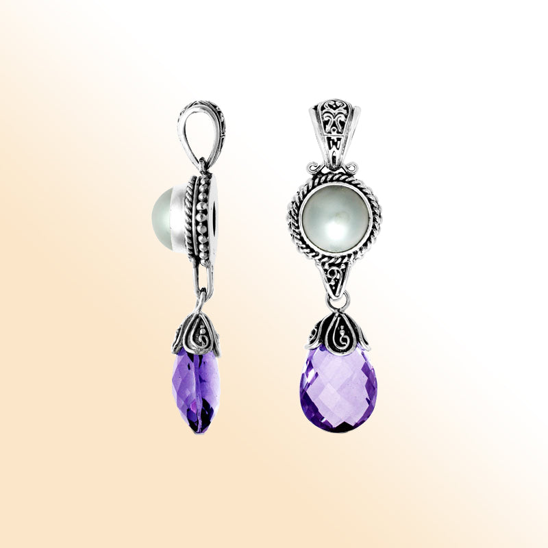 Handmade sterling silver pendant with Mabe Pearl and amethyst quartz drop, crafted in Bali.