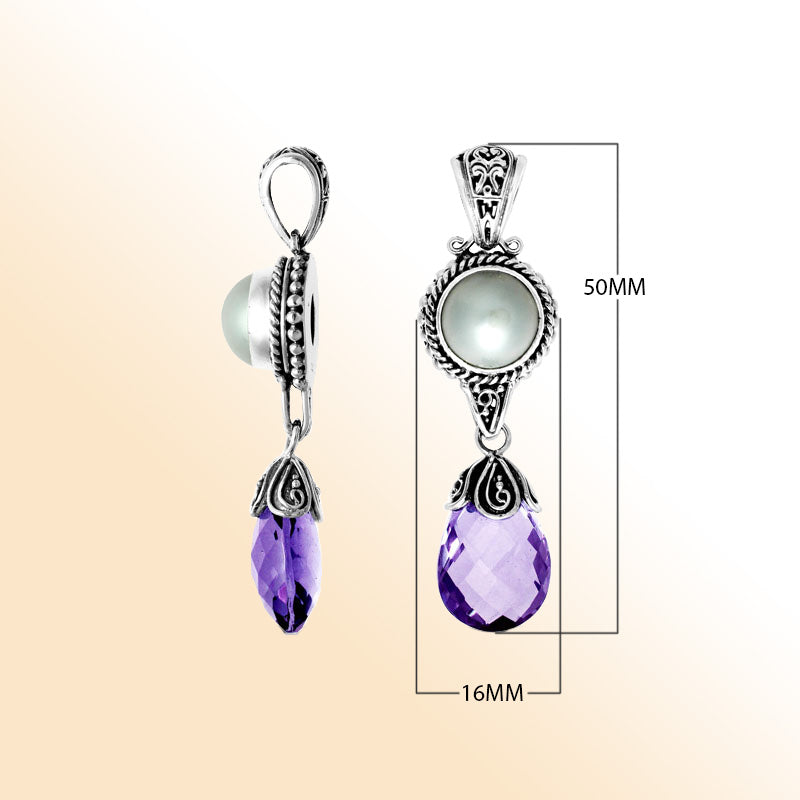 Handmade sterling silver pendant with Mabe Pearl and amethyst quartz drop, crafted in Bali.