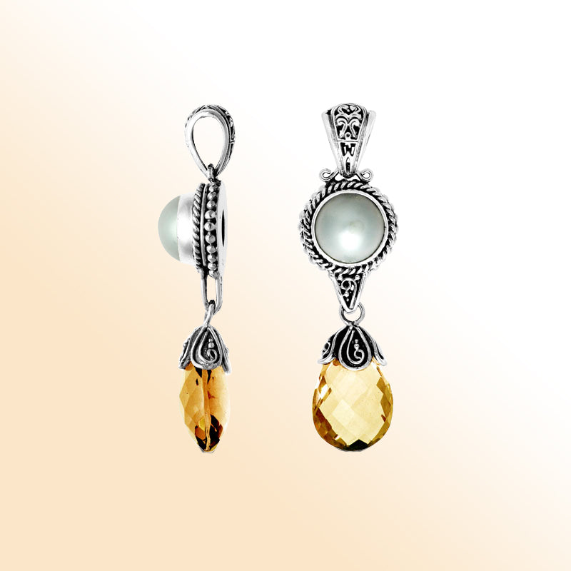 Handcrafted sterling silver pendant with Mabe Pearl and Citrine Quartz drop, made in Bali.