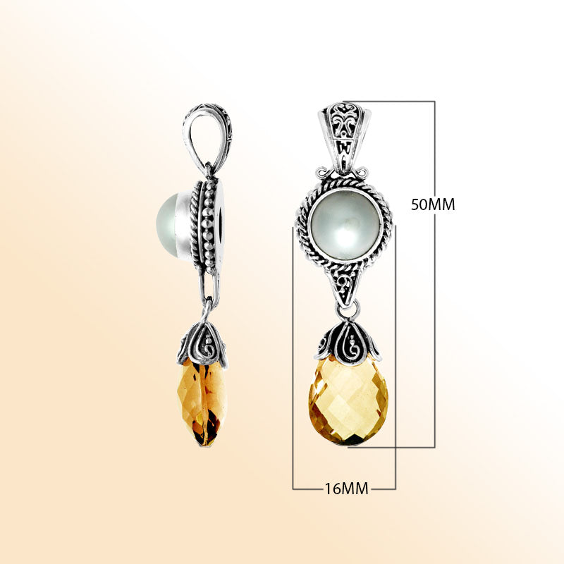 Handcrafted sterling silver pendant with Mabe Pearl and Citrine Quartz drop, made in Bali.