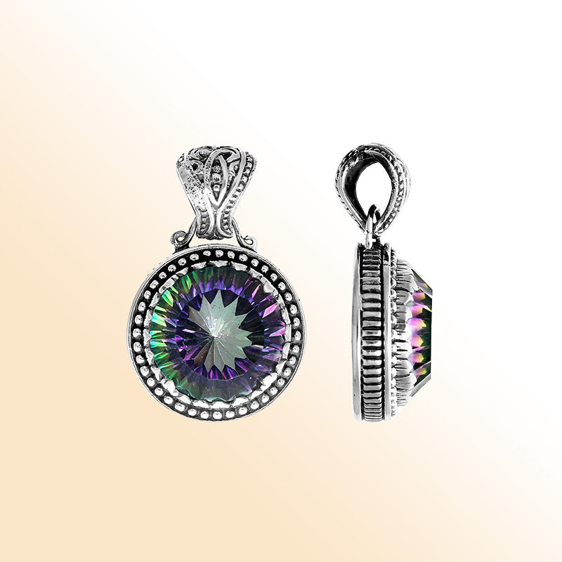 Handmade Mystic Topaz Quartz pendant in sterling silver with rainbow shine and Balinese artistry.