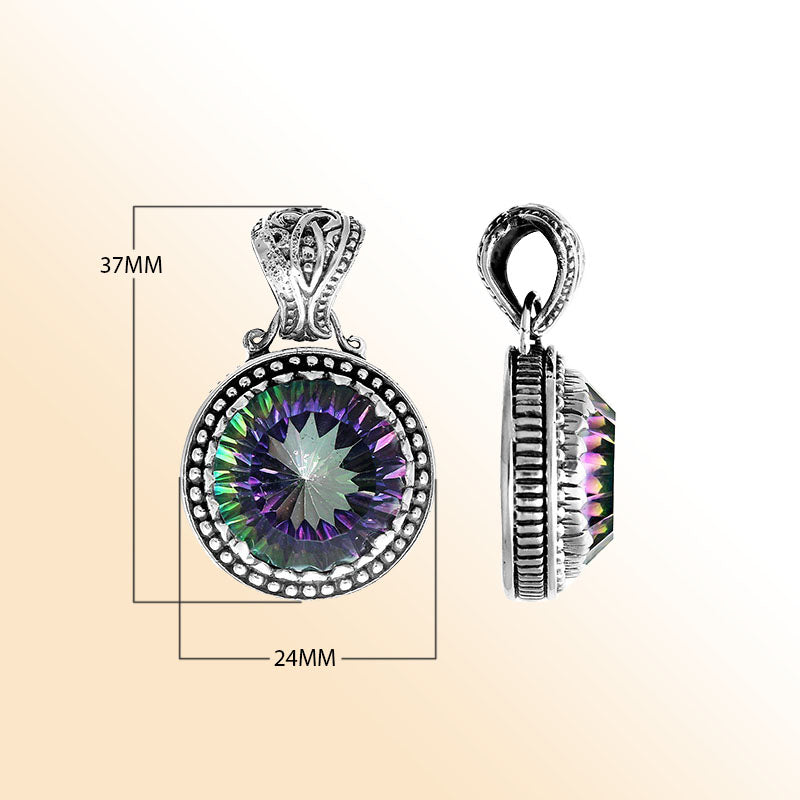 Handmade Mystic Topaz Quartz pendant in sterling silver with rainbow shine and Balinese artistry.