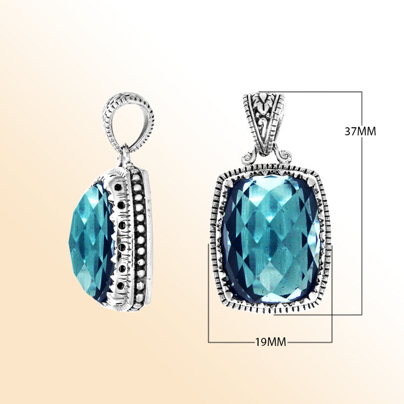 Handmade Blue Topaz Quartz cushion pendant in sterling silver with Balinese artistry.