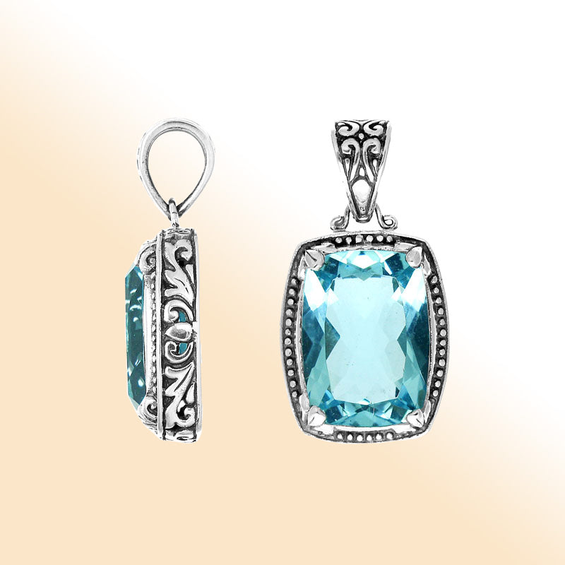 Handmade Blue Topaz Quartz rectangular pendant in sterling silver with Balinese artistry.