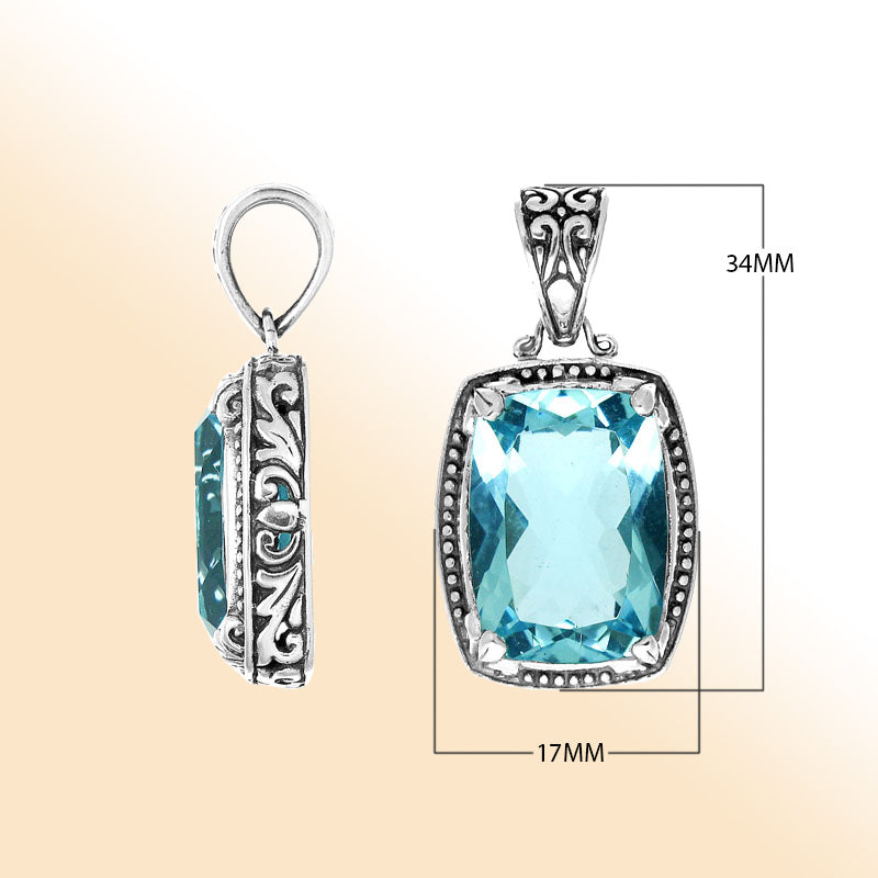 Handmade Blue Topaz Quartz rectangular pendant in sterling silver with Balinese artistry.