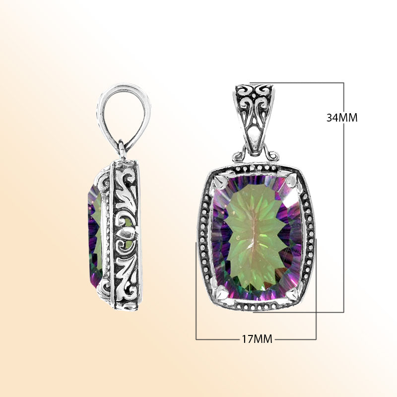Handmade Mystic Topaz Quartz rectangular pendant in sterling silver with Balinese artistry and rainbow shine.