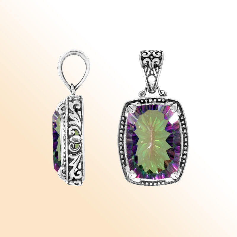 Handmade Mystic Topaz Quartz rectangular pendant in sterling silver with Balinese artistry and rainbow shine.