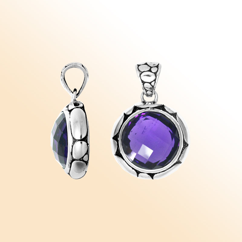 Handmade Amethyst Quartz round pendant in sterling silver with Balinese artistry.