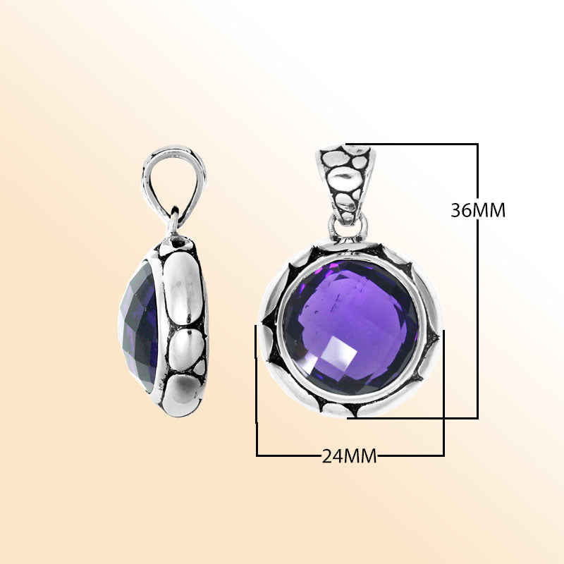 Handmade Amethyst Quartz round pendant in sterling silver with Balinese artistry.