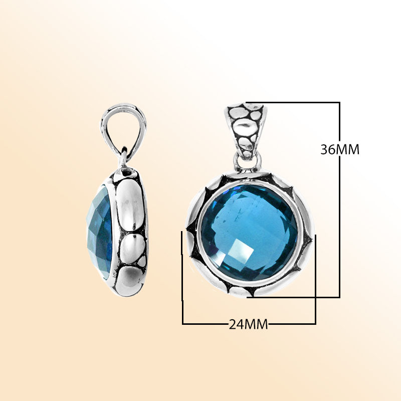 Blue Topaz Quartz Round Pendant In Sterling Silver With Textured Frame