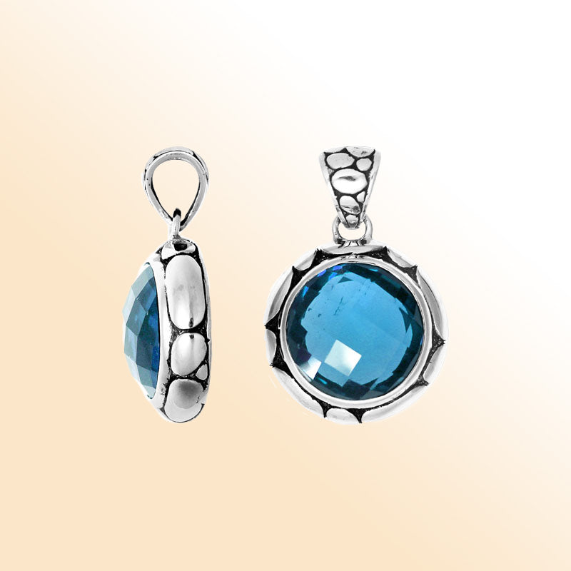 Blue Topaz Quartz Round Pendant In Sterling Silver With Textured Frame