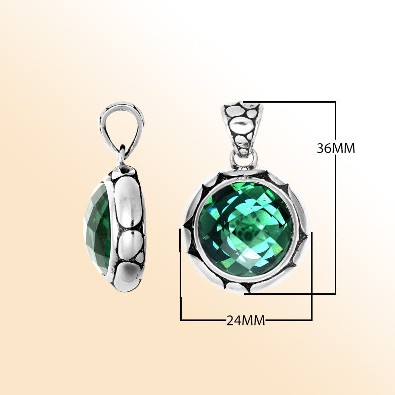 Handmade Green Quartz round pendant in sterling silver with Balinese artistry.