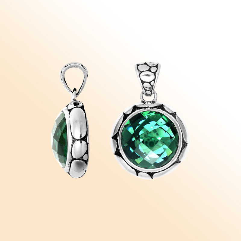 Handmade Green Quartz round pendant in sterling silver with Balinese artistry.
