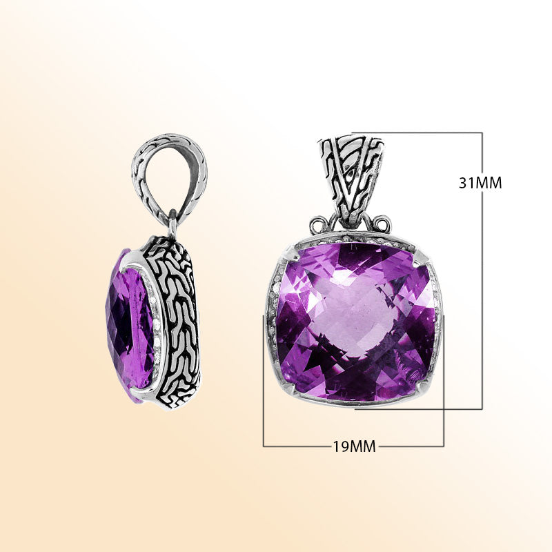Handmade Amethyst Quartz cushion pendant in sterling silver with Balinese artistry.