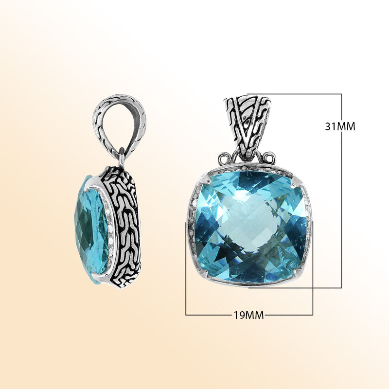 Handmade Blue Topaz Quartz cushion pendant in sterling silver with Balinese artistry.