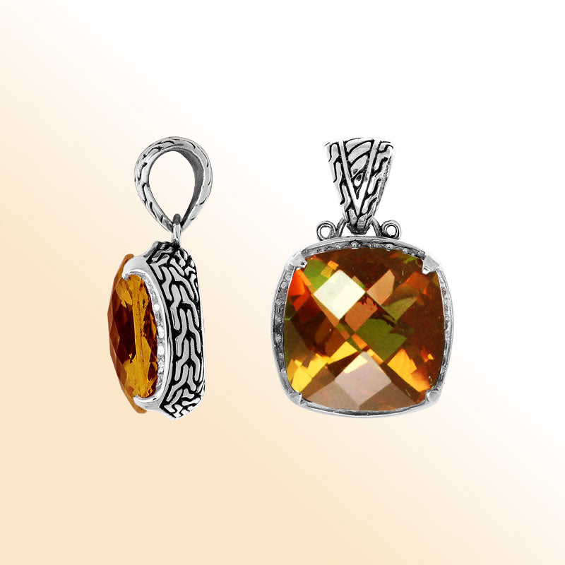 Handmade Citrine Quartz cushion pendant in sterling silver with Balinese artistry.