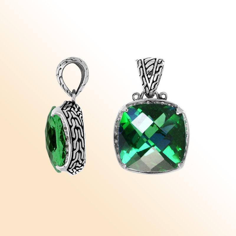 Handmade Green Quartz cushion pendant in sterling silver with Balinese artistry.