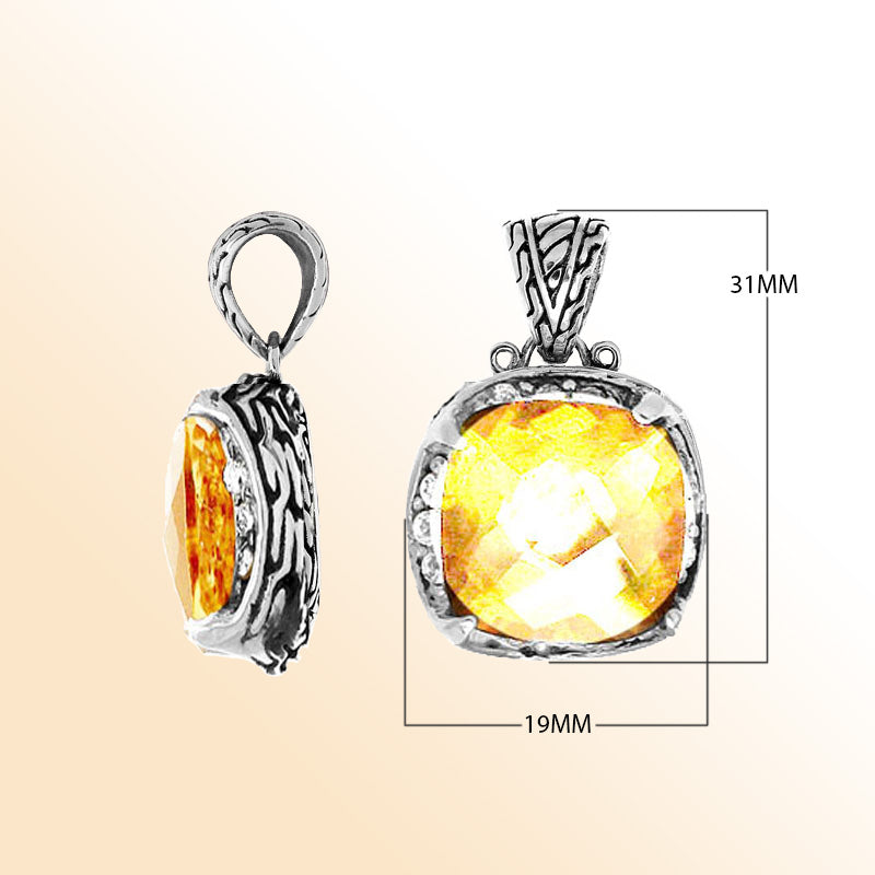 Sterling silver lemon quartz cushion pendant with cubic zirconia sparkle and artisan finish