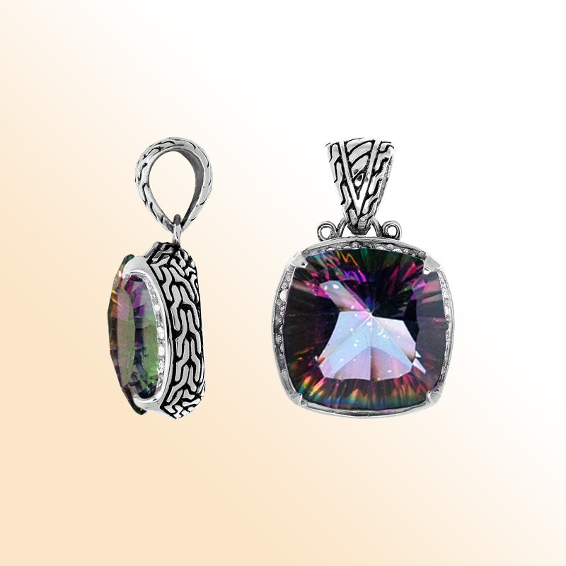 Handmade Mystic Topaz Quartz cushion pendant in sterling silver with Balinese artistry and rainbow shine.
